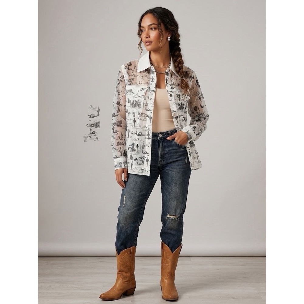 Women's Sheer Western Printed Button-Down Shirt / Jacket NWT Size L